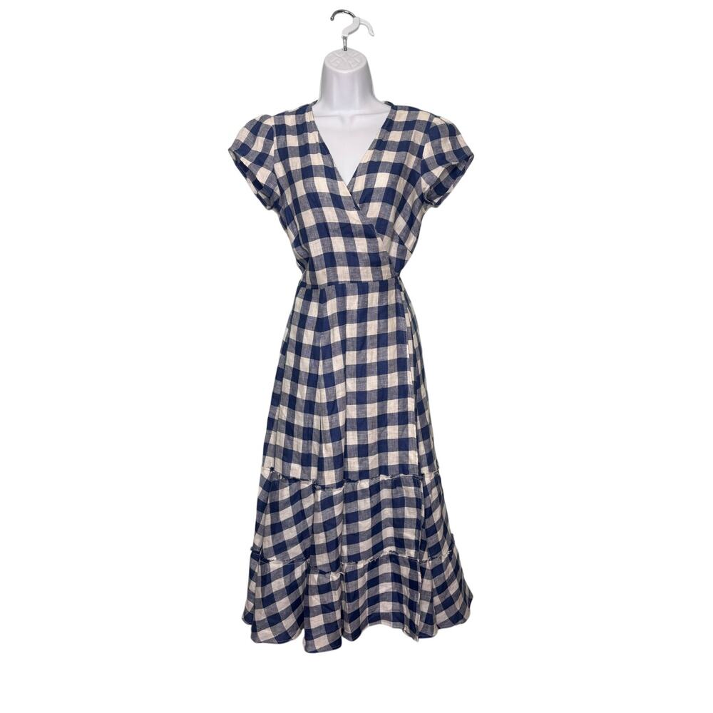 Reformation Calista Gingham Linen Midi Tiered Wrap Dress Seine Blue M